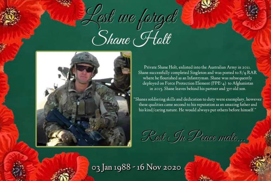 An online message paying tribute to Australian soldier PTE Shane Holt who suicided in 2020.