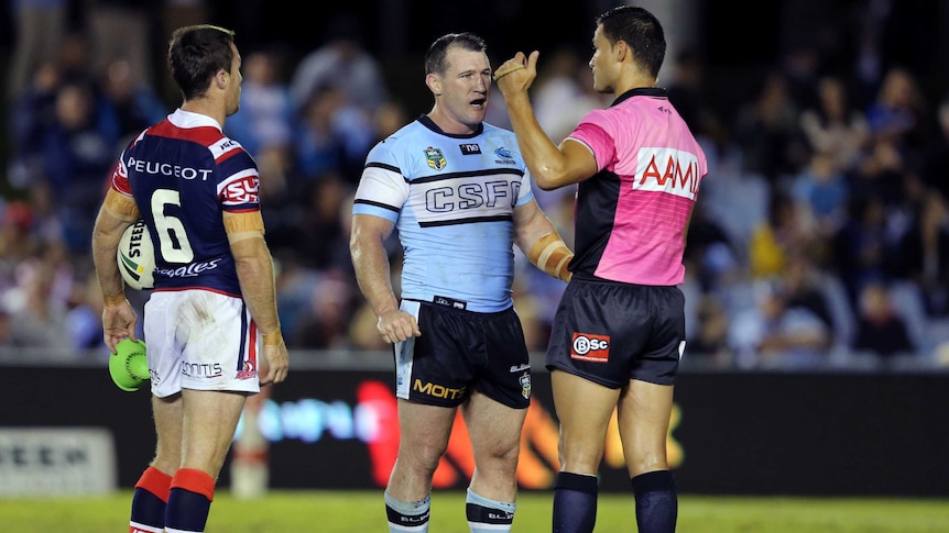 Cronulla's Paul Gallen talks to the referee during the round seven NRL match with Sydney Roosters.