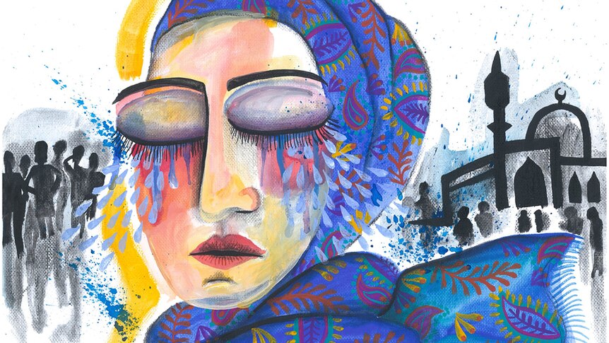 An illustration shows a woman wearing a blue headscarf, tears streaming down her face.
