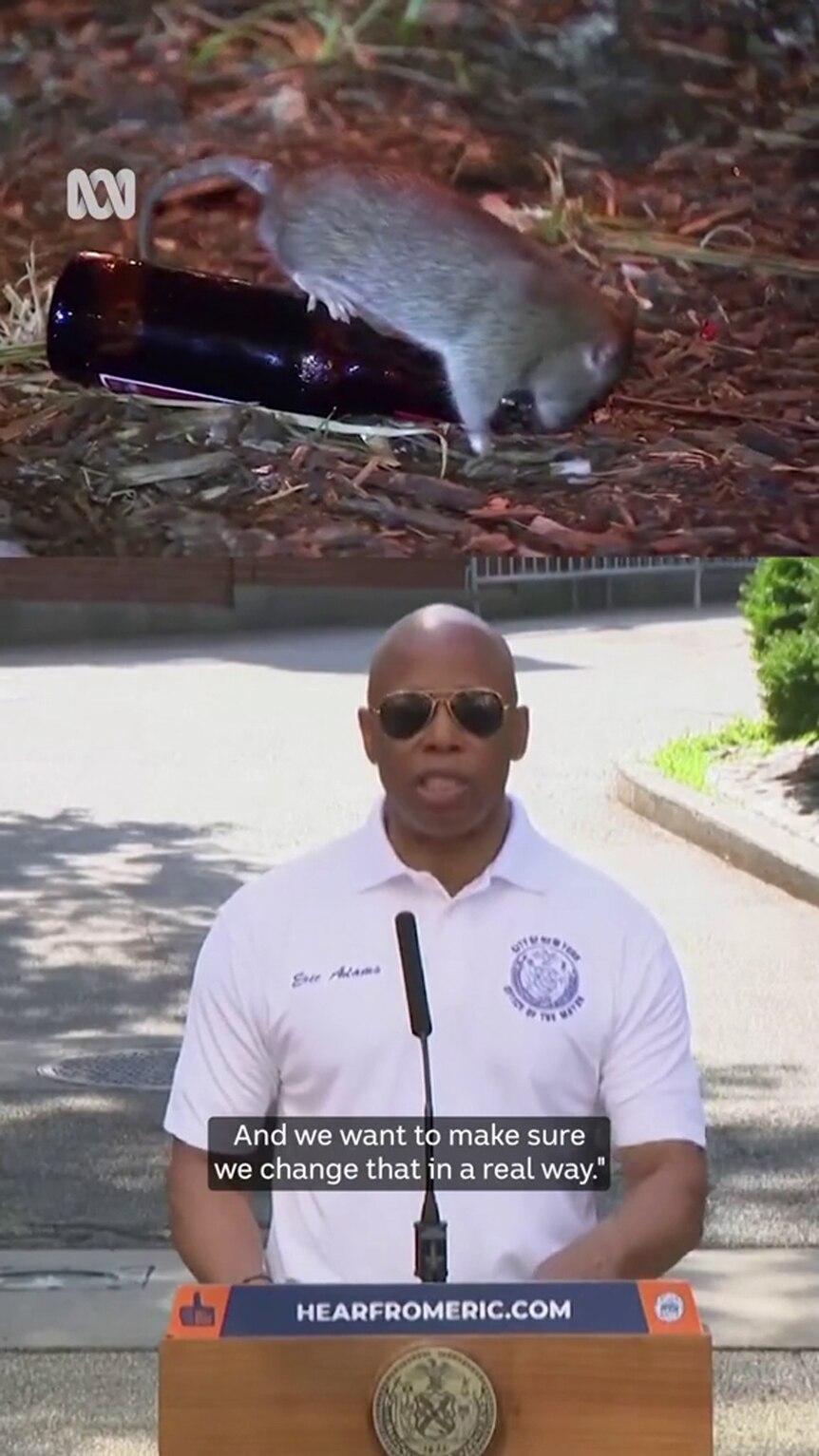 Composite image shows a rat on a bottle and a bald man with dark-tone skin in white polo shirt behind lectern