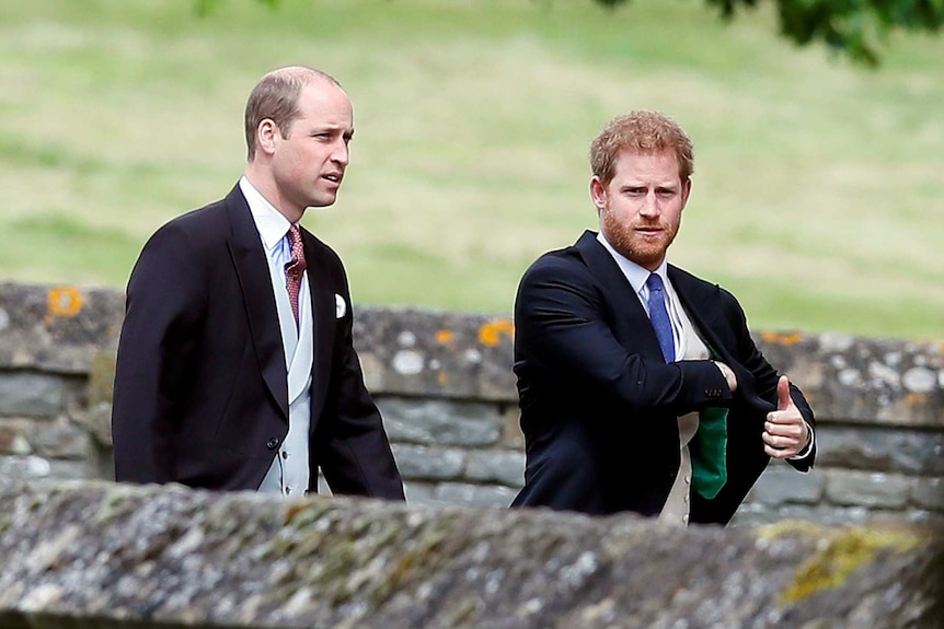 Prince William and Prince Harry wear suits and walk along a path behind a stone fence