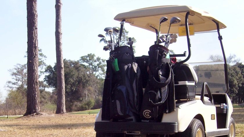 Golf clubs sit on the back of a golf cart, March 2007.