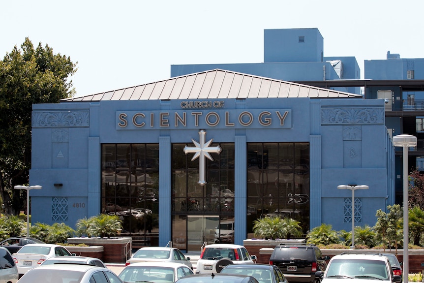 Cars are parked outside the Church of Scientology of Los Angeles building in Los Angeles, California