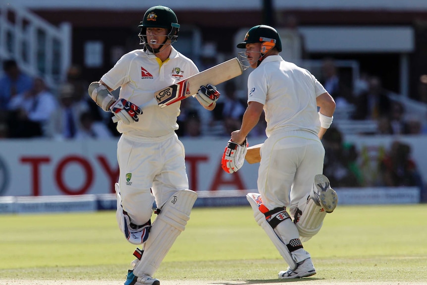 Chris Rogers and David Warner bat on day three of the second Ashes Test