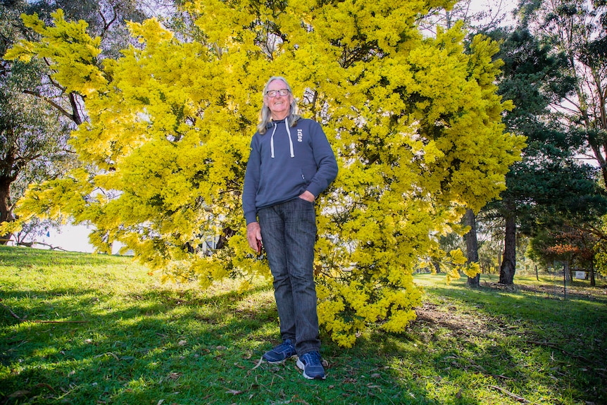 Max stands in jeans and runners in front of a blooming yellow tree.