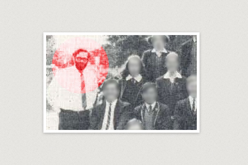 A bearded man in a white business shirt and tie is spotlighted in red in an old black and white school class photo.