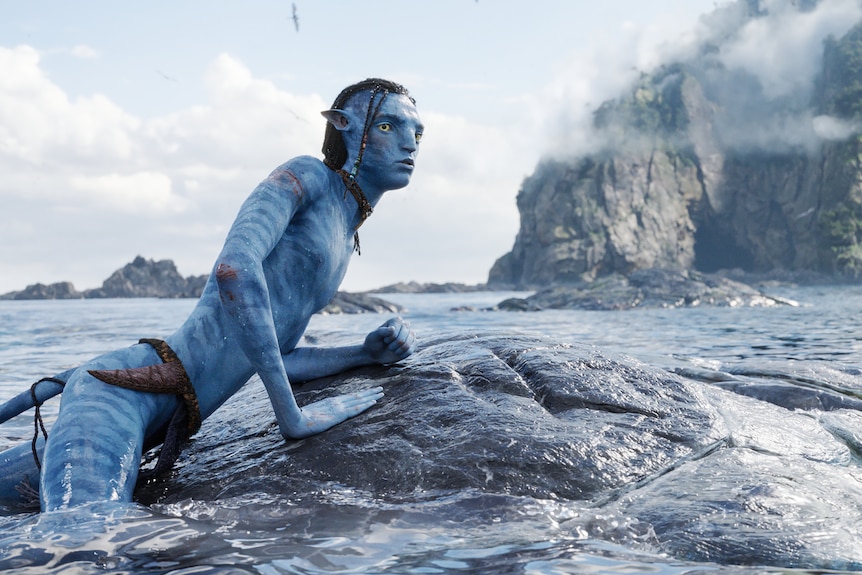 A still from the film Avatar 2: The Way of Water, featuring a character perched on a rock in the ocean