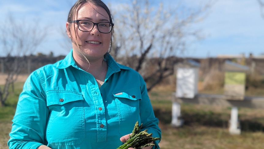 A fair-skinned woman, Renee, in black glasses and turquoise shirt holds a bunch of green asparagus in front of bee hives.
