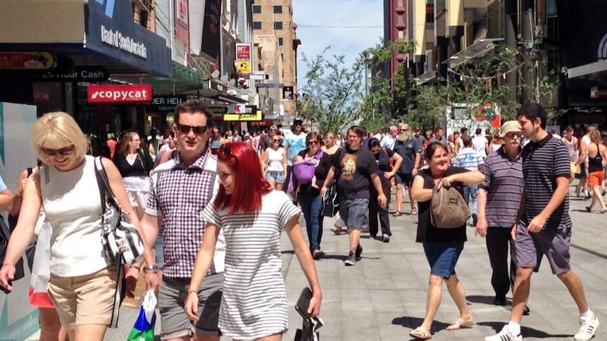 Sunshine brought shoppers in big numbers to Rundle Mall in Adelaide.