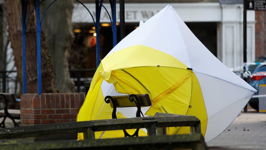 A forensic tent covers the bench were Sergie Skripal and his daughter Yulia were found.