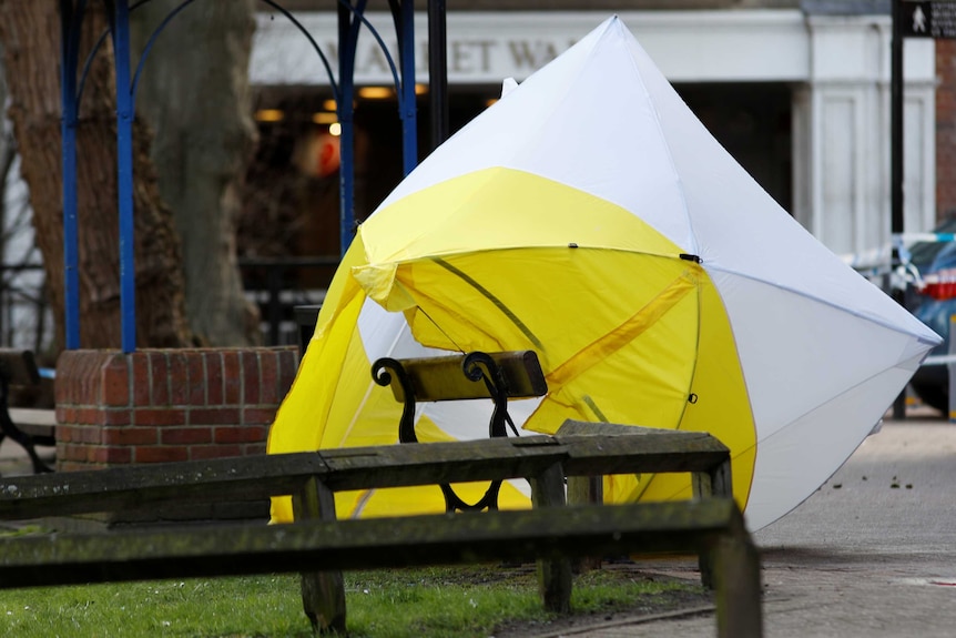 A forensic tent covers the bench were Sergie Skripal and his daughter Yulia were found.