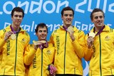 Winning smiles ... Andrew Pasterfield, Matthew Levy, Blake Cochrane and Matthew Cowdrey show off their relay gold