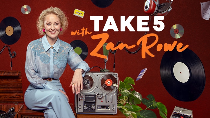A poster featuring host Zan Rowe beside a reel-to-reel player, vinyl records, plants, and bold Take 5 lettering.