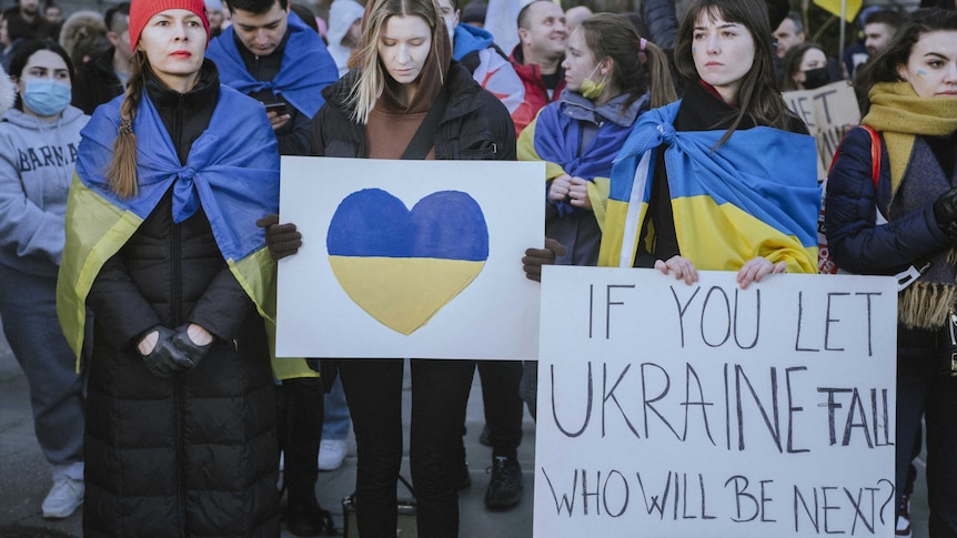 protestor crowd, some wear Ukrainian flag. One has a sign with a heart, another says "if you let Ukraine fail who will be next"