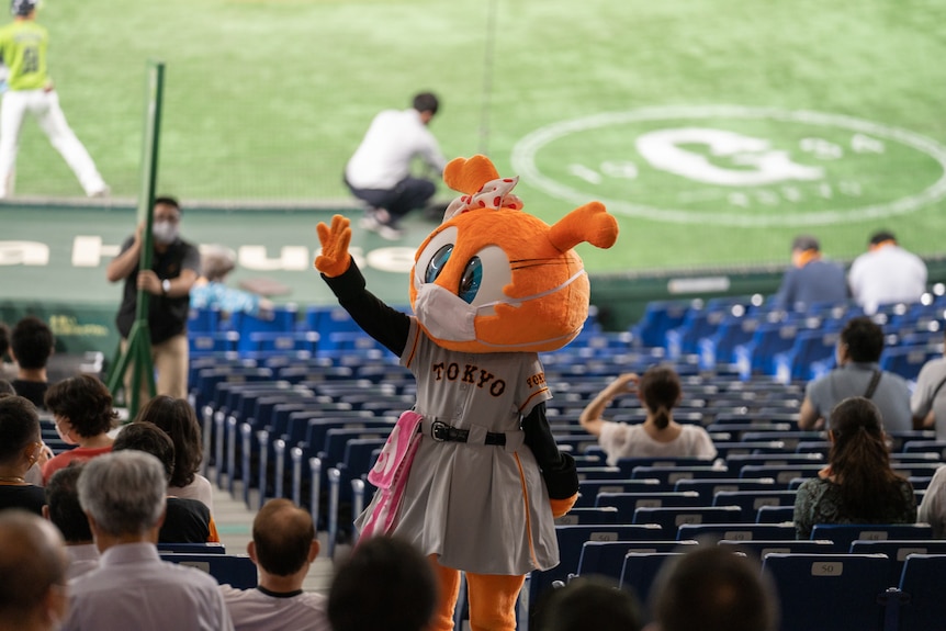 A fox mascot in a baseball uniform and face mask waves in a stadium 