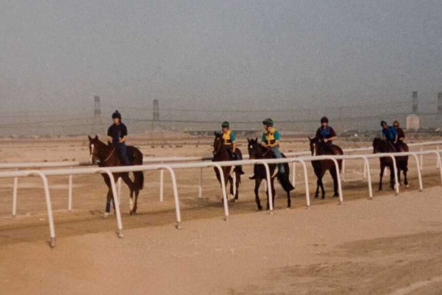 Sarah Denniff on lead horse Halawellfin Hala in Dubai February 2002.