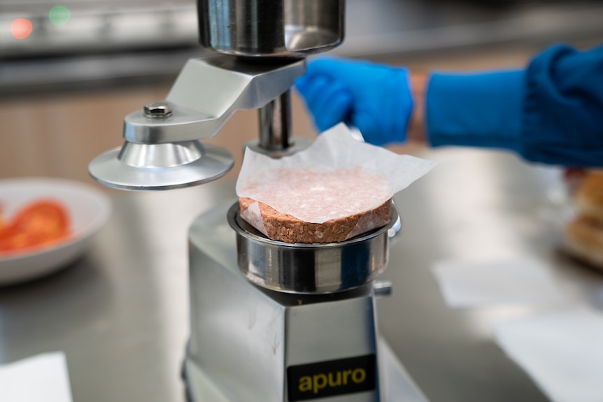 A burger patty is squeezed to shape inside a burger press.