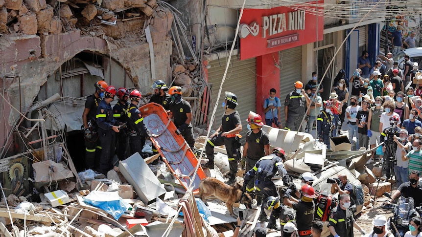 French and Lebanese firemen aided by a sniffer dog search in the rubble of a building as crowds watch.