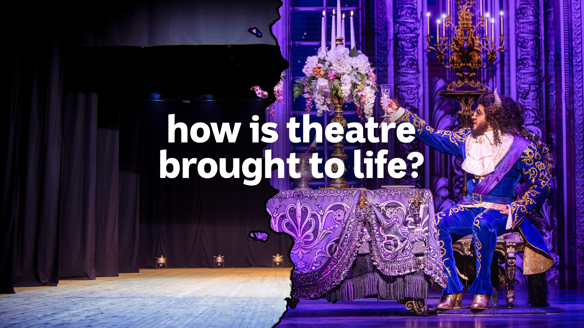 A split screen showing the empty stage on one side and the elaborate stage of Beauty and the Beast performance on the other.