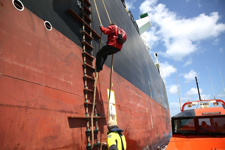 A man climbs up a rope ladder on the side of a container ship as another man watches on.