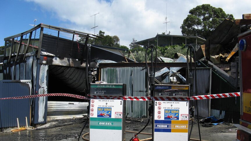 Petrol bowsers at Coles Bay (Tas) shop that burned down