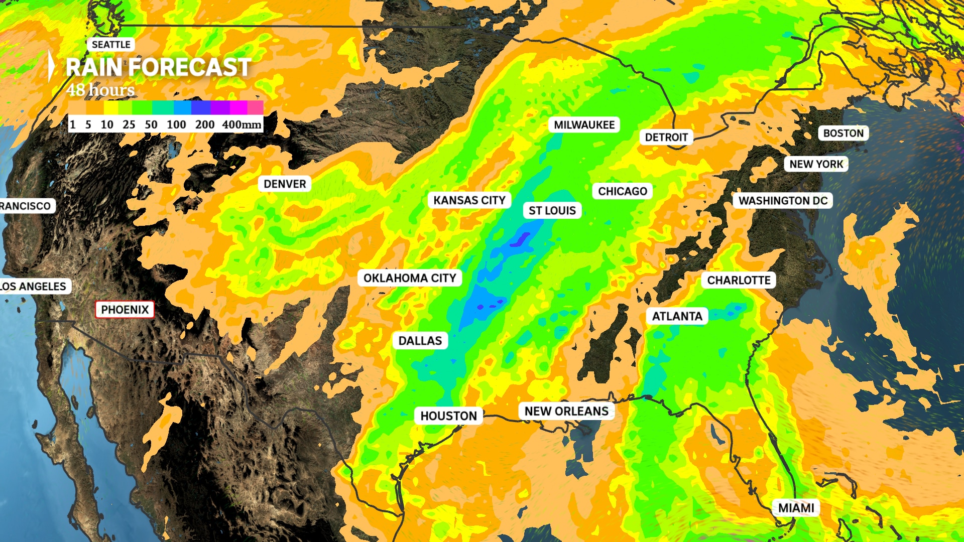 A weather map showing precipitation in the United States.