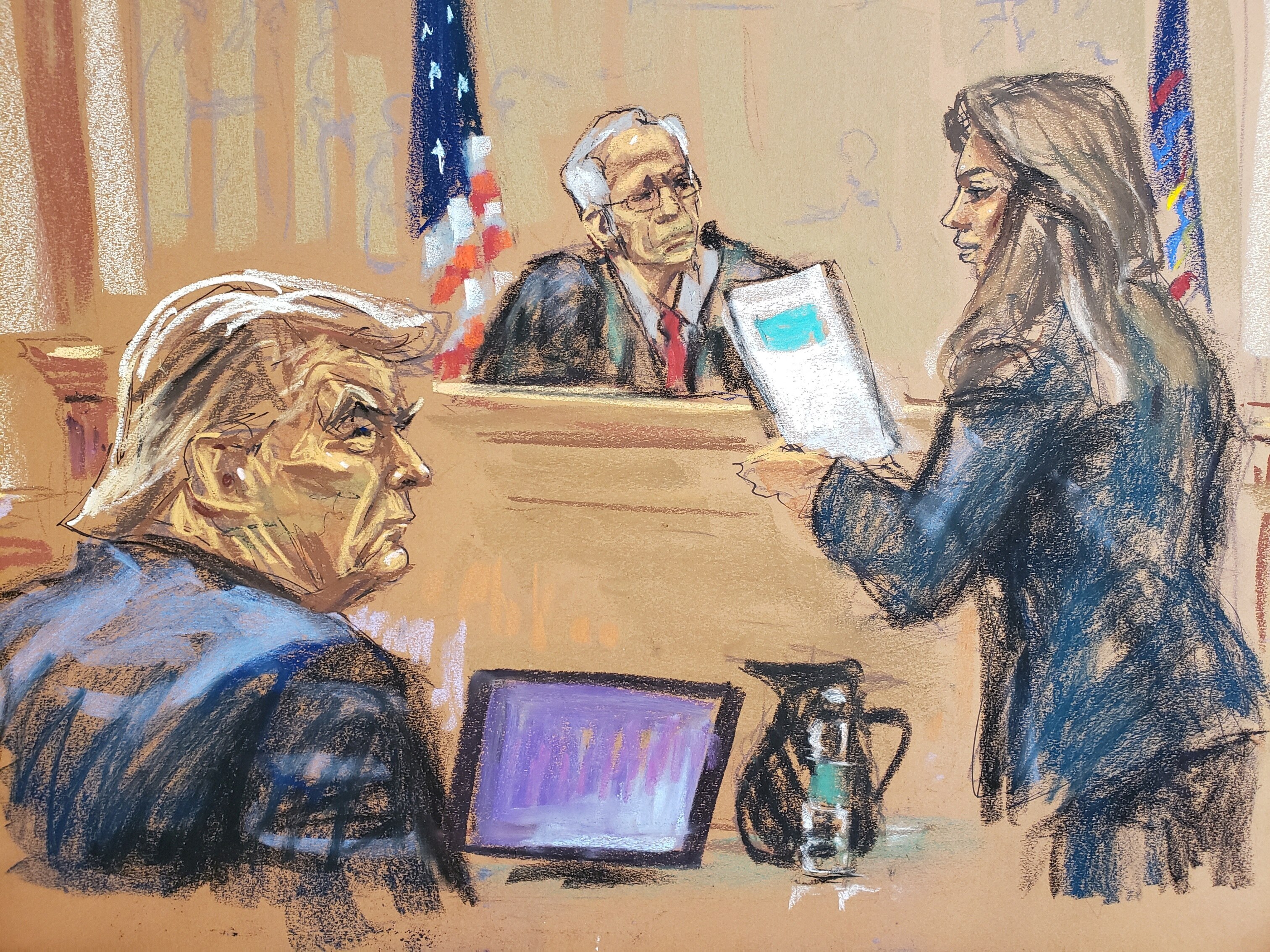 A drawing of Donald Trump seated in court, with the male judge at the bench looking at a female lawyer, who holds a paper