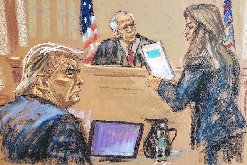 A drawing of Donald Trump seated in court, with the male judge at the bench looking at a female lawyer, who holds a paper