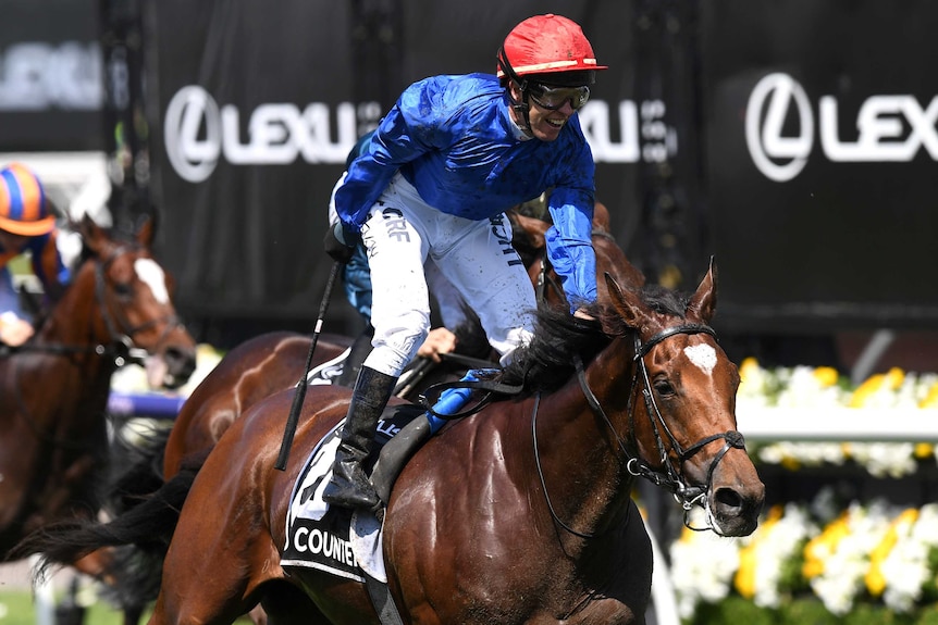 Jockey Kerrin McEvoy sits high in the saddle after riding Cross Counter to victory in the 2018 Melbourne Cup.