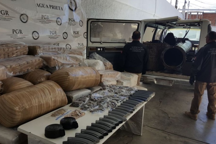 A bazooka, marijuana, cartridges and chargers are seized by authorities in Mexico.