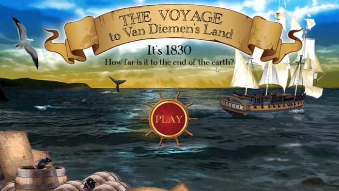 A graphic of a large sailing ship on the open ocean, with the title The Voyage to Van Diemen's Land, and a Play button.