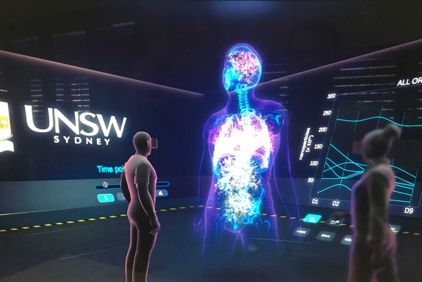 A digitally created grey silhouette of a human stands in front of a computer generated cell