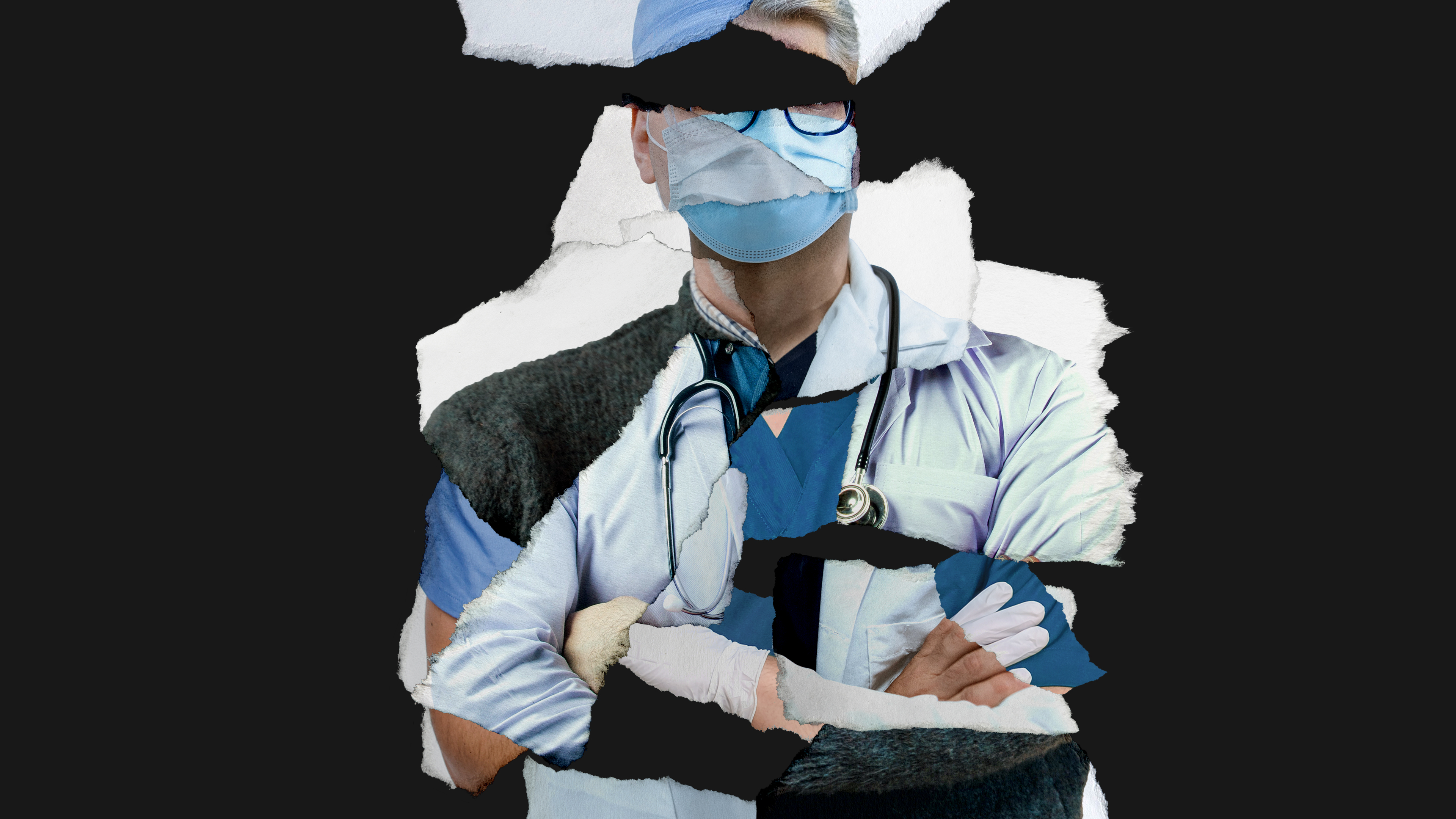一张撕碎的纸片拼贴画，上面是医生或带听诊器和面罩的健康专家