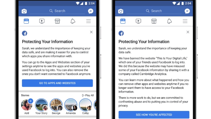 A preview of the notification Facebook will send users about the Cambridge Analytica scandal