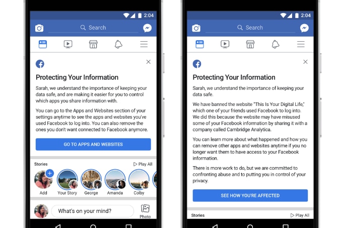 A preview of the notification Facebook will send users about the Cambridge Analytica scandal