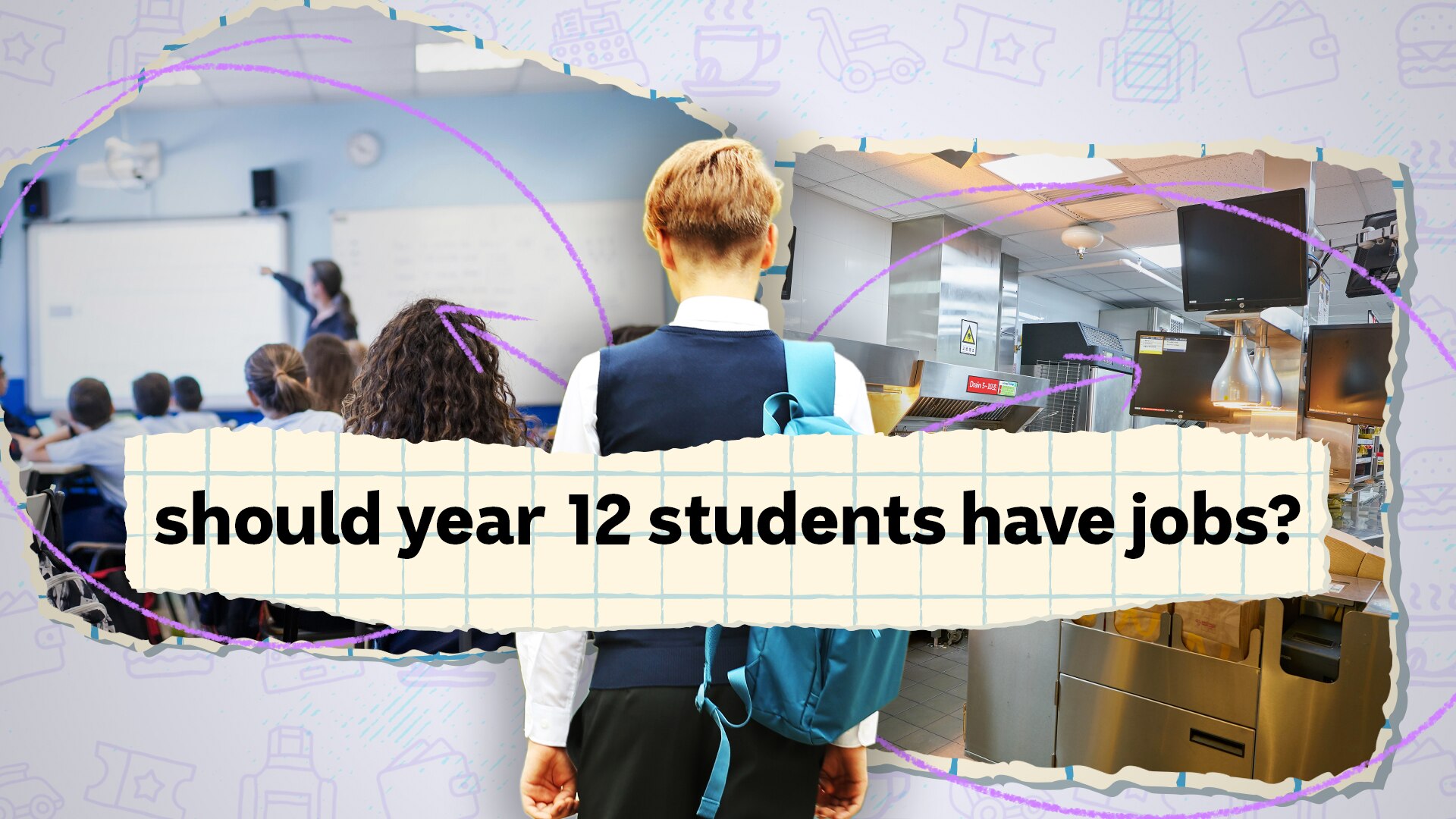 A collage of a senior student standing in front of a classroom and a workplace.