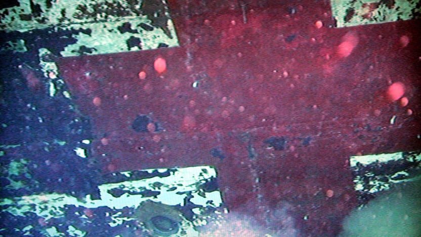 The Centaur's red cross can be seen in the first footage taken of the ship since it sank in WWII.