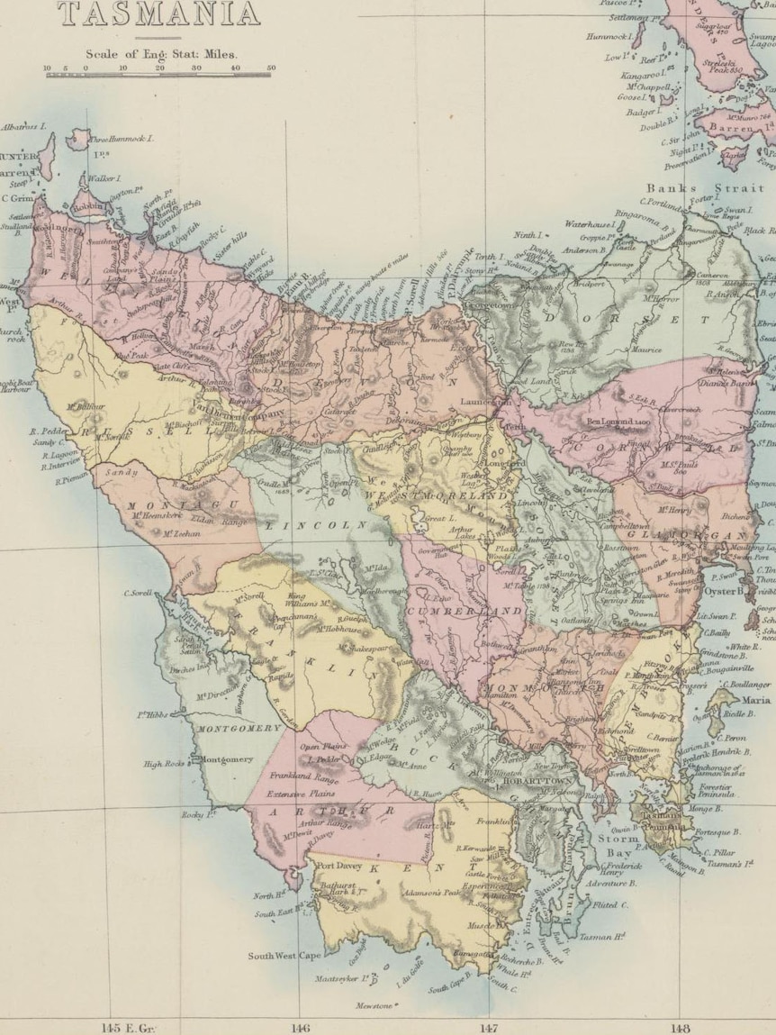 A map of Tasmania in 1873 showing the 18 counties.