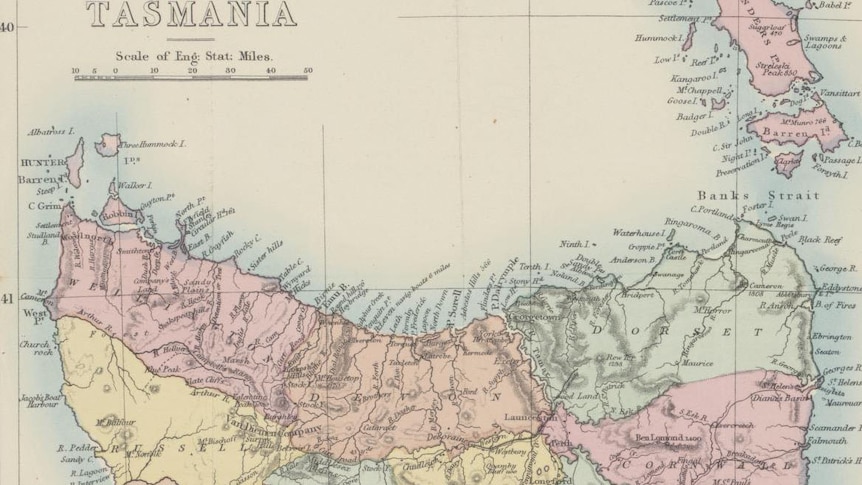 A map of Tasmania in 1873 showing the 18 counties.