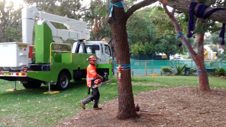 A man with a chainsaw.