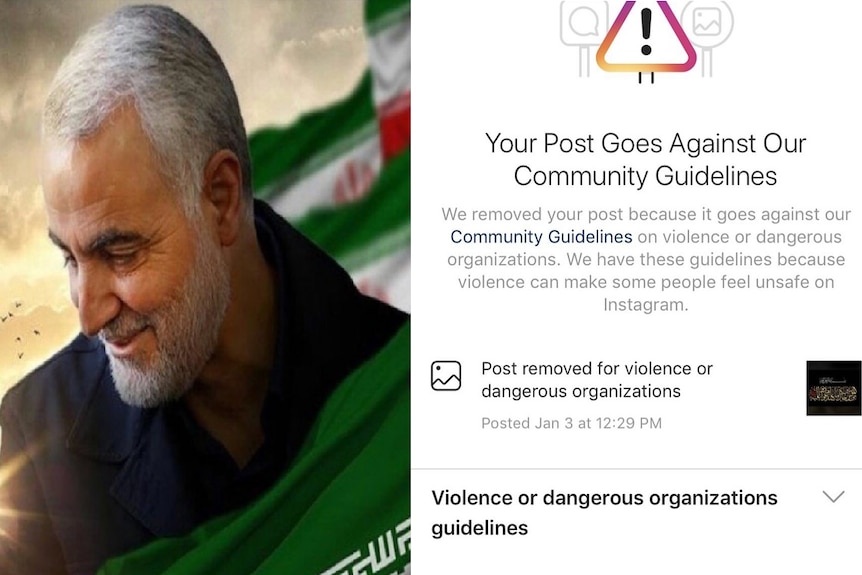 A photo of General Soleimani and a warning of an Instagram violation for community standards.