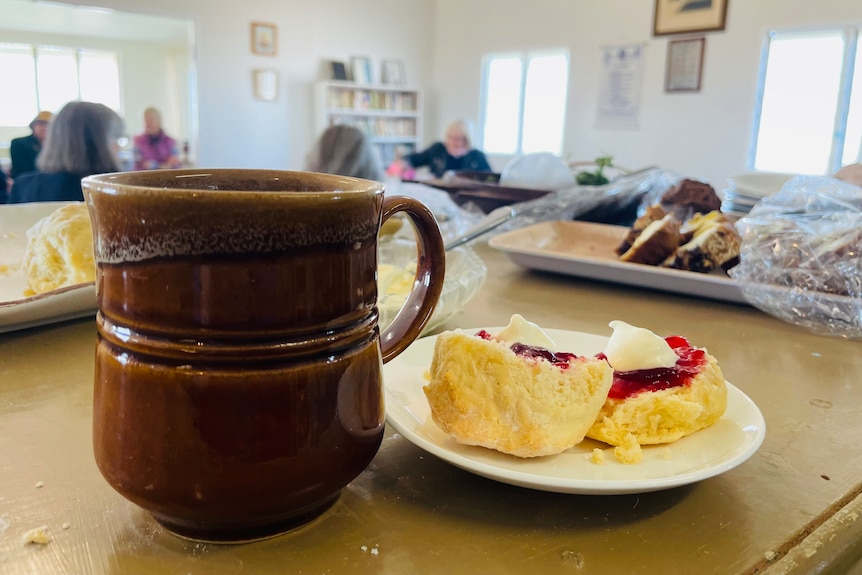 Cup of tea sits next to a plate with a scone with jam and cream on it