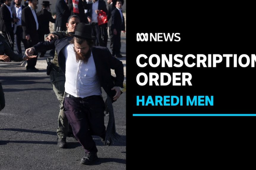 Conscription Order, Haredi Men: A man in traditional Orthodox Jewish garb is chased by two men in military fatigues.