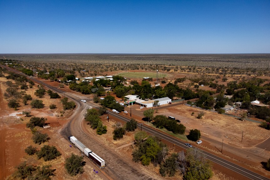 An aerial view of a station property in a rural area.