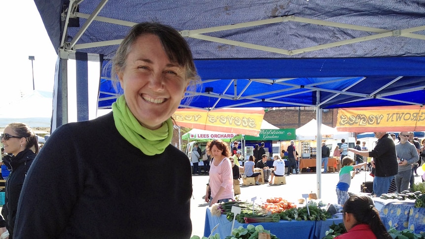 Plant nursery leader, Karen Brock at her plant stall at the Launceston Harvest Market