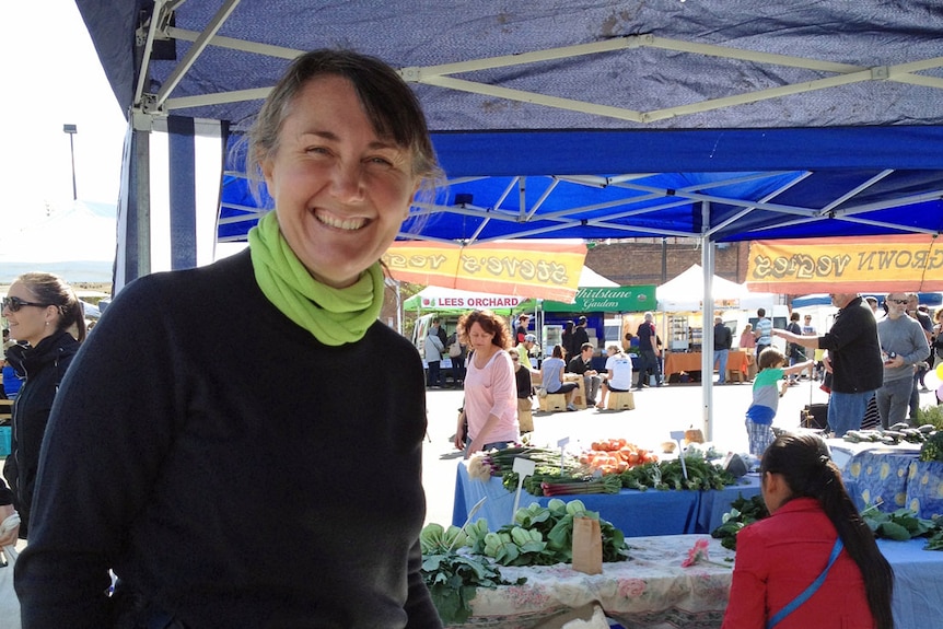 Plant nursery leader, Karen Brock at her plant stall at the Launceston Harvest Market