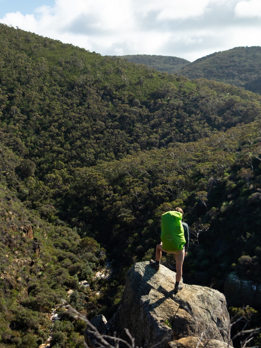 A boy with a large green backpack stands on a rock in front of green hills