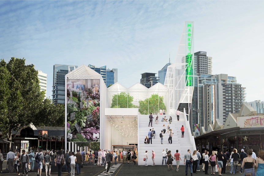 A new two-storey greenhouse inspired temporary trading hall for Queen Victoria Market.