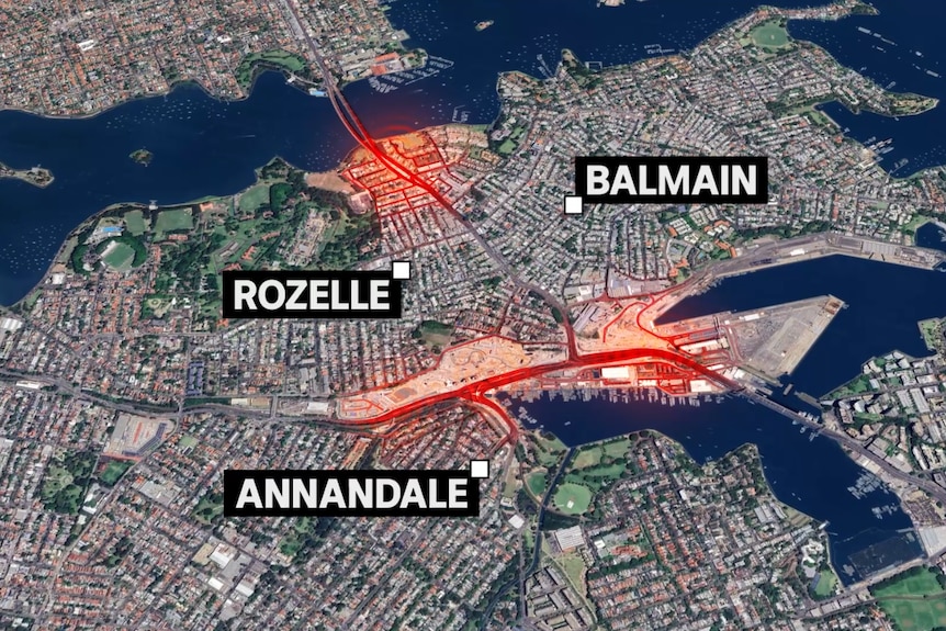 map showing congestion in red near rozelle, balmain and annandale in Sydney