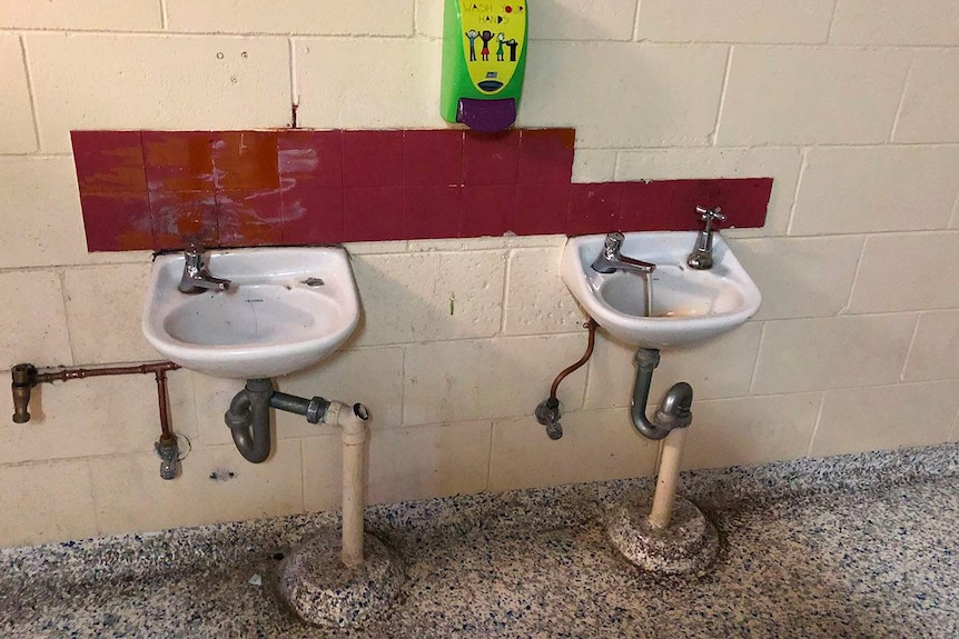 Sinks in a child toilet block at Springwood Road State School, south of Brisbane, on June 13, 2018.
